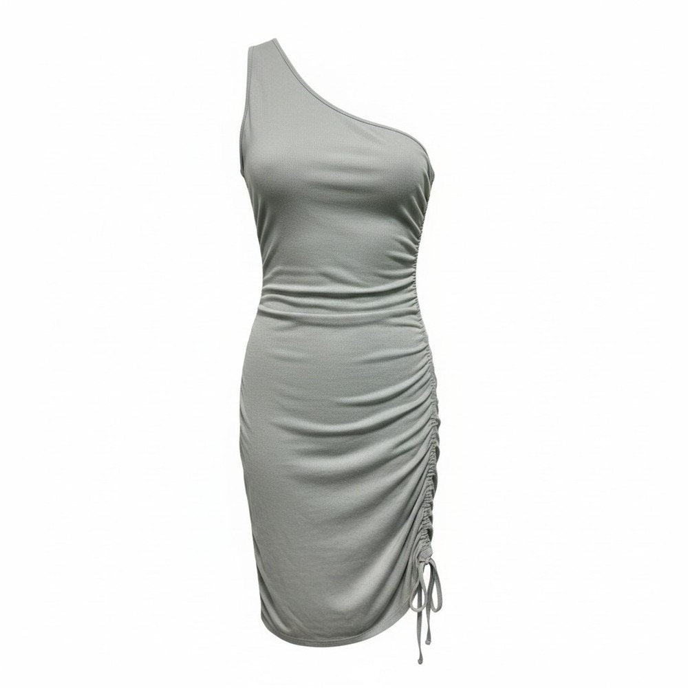 Soft Girl Casual Chic Ribbed Ruched One Shoulder Mini Dress Womens L Sage Green